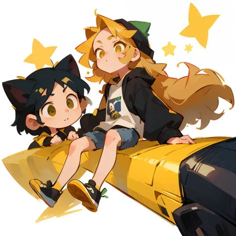 petite girl: blond, long, slightly curly hair;, Yellow eyes , White T-shirt with black sleeves, Short shorts, black sneakers. menino: black and yellow hair, Green eyes, black hoodie, and black jeans, Black sneakers