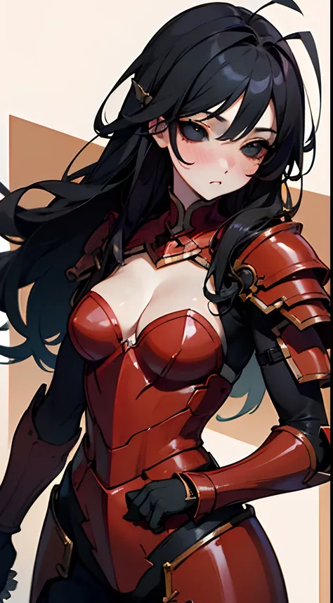 (Original Character,8k, Masterpiece, Best Quality,Detailed, Beautiful Detailed Eyes, solo), fine skin,cleavage,blush,cowboy shot,black eyes,black sclera,black hair,long hair,hair antennas,(red armor)