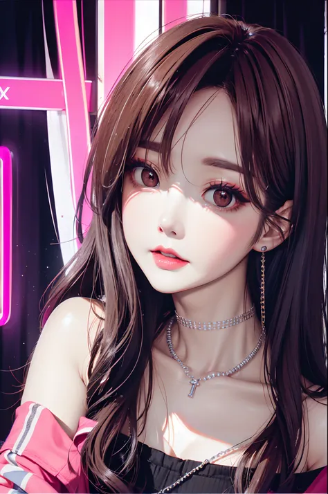 kindgirl, woman with a necklace and a necklace with a neon sign in the background, popular korean makeup, character album cover,...