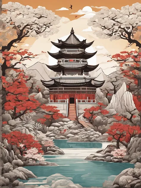 Highest quality, Highest image quality, Top resolution, Intricate details, Craftsmanship, Absurdity, (Cutout: 1.3), Color, Charming Chinese garden scenery，Chinese style buildings，mountain water，mountain ranges， rios， Auspicious clouds， Pavilions， rays of s...