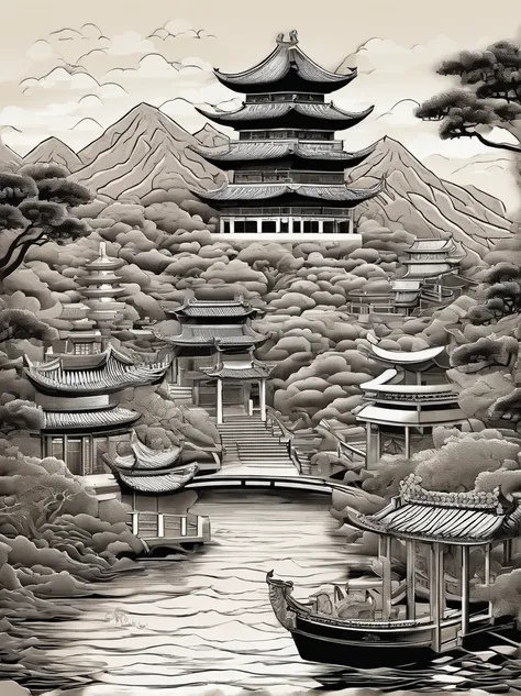 Highest quality, Highest image quality, Top resolution, Intricate details, Craftsmanship, Absurdity, (Cutout: 1.3), Color, Charming Chinese garden scenery，Chinese style buildings，mountain water，mountain ranges， rios， Auspicious clouds， Pavilions， rays of s...