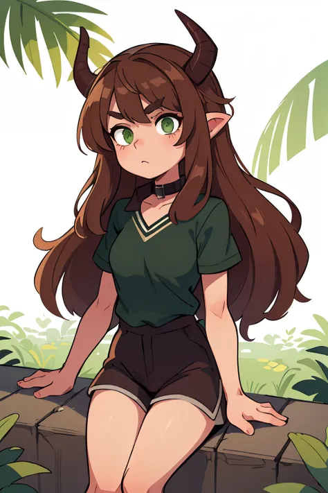 ((beste-Qualit, tmasterpiece)), 
light brown hair, Long hair, white strand, Green horns, Green eyes, black top,Brown collar,Bents palms,in shorts