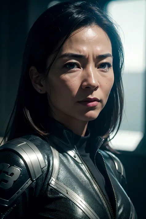 Michelle Yeoh as a space ship captain, glowing lights, (dynamic pose), (hyper realistic:1.4), (realistic:1.3), (best quality real texture skin), full body, (Cinematic Light), highly detailed skin, skin pores, (highly detailed face:1.1), (highly detailed ey...