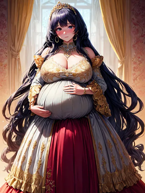 (masterpiece, best quality,extremely detailed:1.1),(moe anime art style:1.3),1girl,((full body,focus face)),((solo)), cute, kawaii,digital art,((1 bling-bling pregnant princess wearing beautiful embroidery and jeweled gorgeous rococo ballgown with jeweled ...