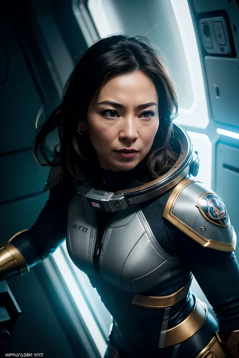 Michelle Yeoh as a space ship captain, glowing lights, (dynamic pose), (hyper realistic:1.4), (realistic:1.3), (best quality real texture skin), full body, (Cinematic Light), highly detailed skin, skin pores, (highly detailed face:1.1), (highly detailed ey...