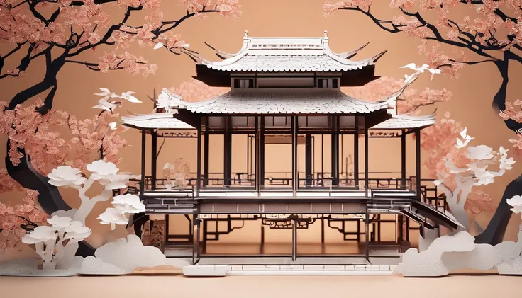 Chinese gardens，Hexagonal pavilion，arte em papel cortado，Works of masters，super-fine