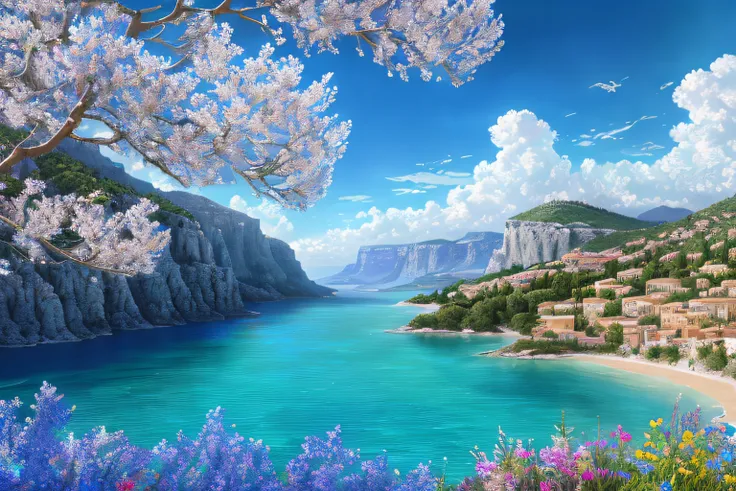 paysage , Eau bleu azur,fleurs  (Highly detailed CG Unit 8k wallpaper), The most beautiful work of art in the world, Professional majestic oil painting, complexe, High detail, mise au point nette, dramatique, Art of photorealist painting,