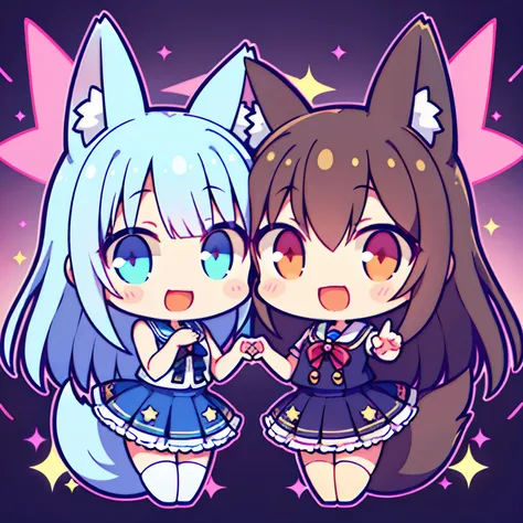 Put your hands together、Please Pose、2girls、Chibi、fox ear、Symmetrical Pose、tail、In a cup、Speak the Heart、Chest out, absurderes, superfine illustration,rainboweffect, hight resolution, ultra-detailliert,Light diffusion,highly detailed light reflection, Kalei...