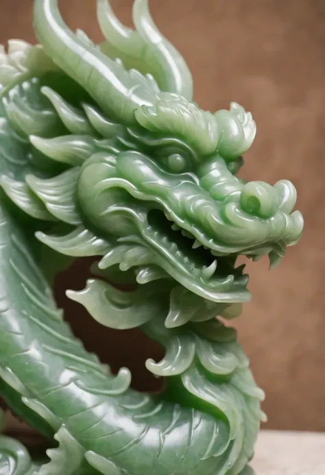 beautifully carved jade heavenly Chinese dragon, wise face, hand carved nephrite jade, museum photo, negative space --ar 2:3 --s 750