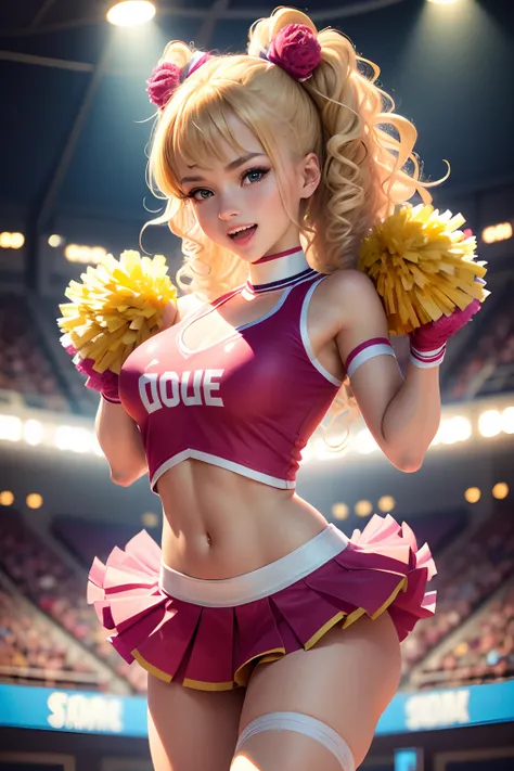 hot blonde cheerleader,cheerleading outfit,pom-poms,in motion,energetic,enthusiastic,beautiful detailed eyes,beautiful detailed lips,blonde hair flowing,curly hair,bright smile,fit physique,excitement,crowd cheering,vibrant colors,best quality,ultra-detail...