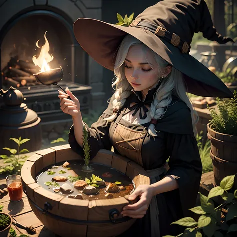 Witch cooking in a cauldron with herbs