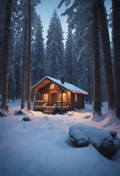 a small cabin in the middle of a snowy forest, low poly render, isometric, inspired by Andreas Rocha, styleized character design, soft image shading, nice deep colors, high res beautiful lighting, rounded cabin and cute character, cozy candlelight, extreme...