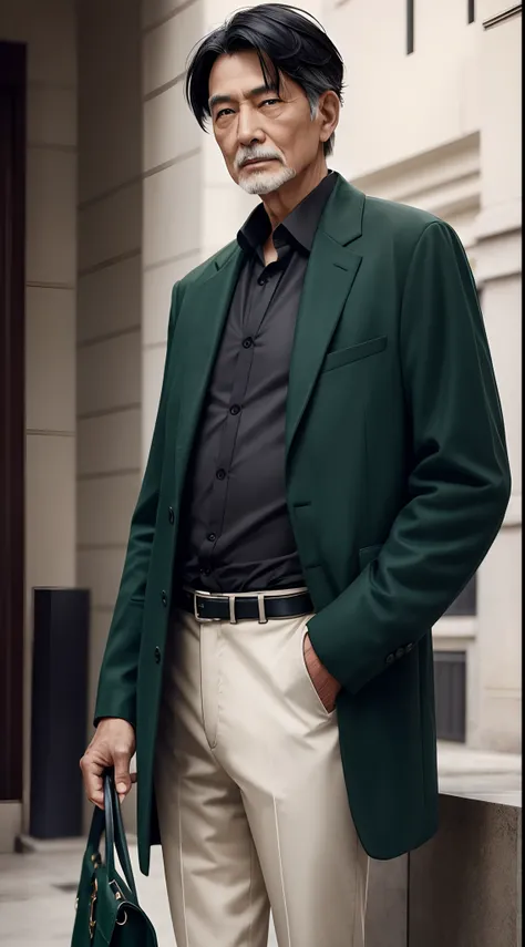 Fashion model old man、Short-haired black hair,Beautiful emerald green eyes,