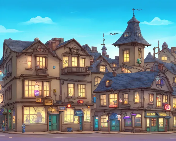 Cartoon pictures of buildings，It says dental hotel, town center background, town background, renaissance port city background, gaslight fantasy capital city, medeival fantasy town, flintlock fantasy capital city, arte de fundo, 2d game environment design, ...