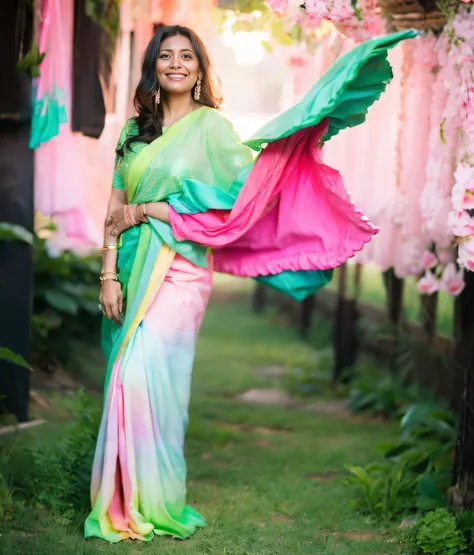 a woman with long black hair in a green and pink sari posing for a picture, draped in fleshy green and pink, green and pink, pink and green, with beautiful colors, pink white and green, in pastel colors, turquoise pink and green, posing!!, pastel green, dr...