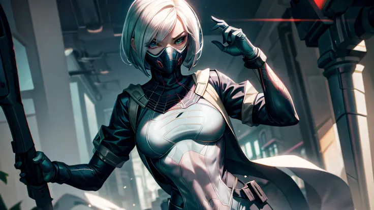 Spidergwen wearing gasmask and teacher outfit  , white coat , white bra , Dominion pose , no hoodie , white hair , white eyes ,  masterpiece