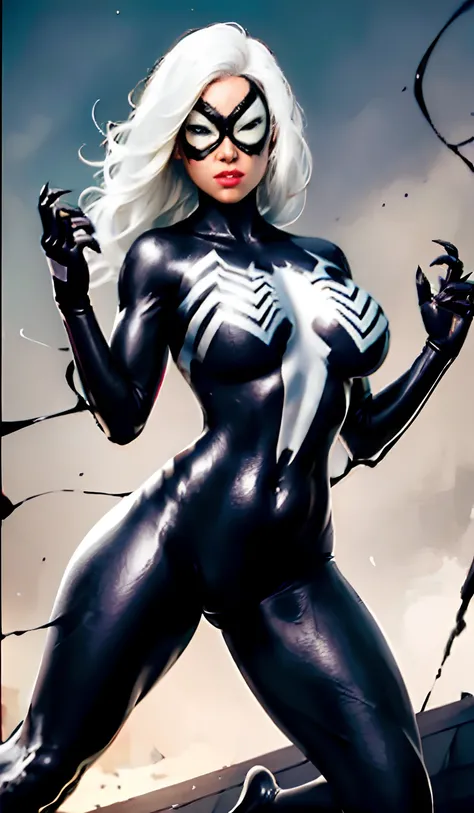 4K，realisticlying，Glamorous，The is very detailed，There is a girl in Dingcheng，Wearing a black Spider-Man costume，（Black and white：1.4） the night,symbiote，venomize，a large amount of mucus,she is a spiderman，Black superhero theme，In front of the sky，Flushed ...