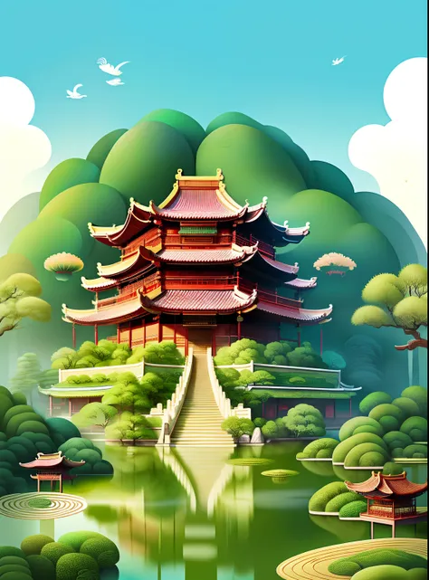 A natural and organic depiction of an ancient Chinese building，Features earth tones and Chinese garden patterns，Represents her connection to nature and the environment，Influenced by Chinese illustration or environmental art，Created by artists such as Georg...