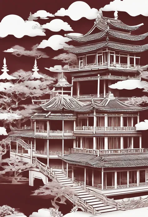 Pavilions，China-style，paper cut out