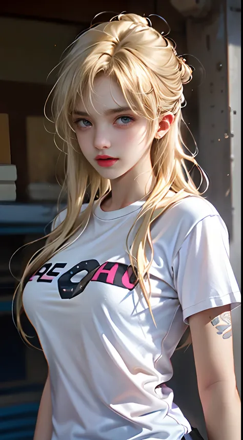 (1girl),large breasts,  breasts, tan, dewy skin, sweaty skin, wavy blonde hair, punk tshirt, punk girl