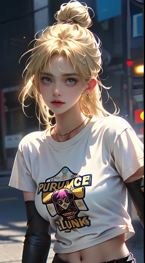 (1girl),large breasts,  breasts, tan, dewy skin, sweaty skin, wavy blonde hair, punk tshirt, punk girl