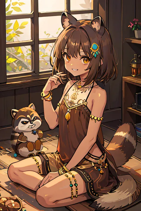 1 little raccoon girl, ears, tail, iolite eyes, brown medium hair, tan skin, cute, (grin:0.9), hair ornament, bare shoulders, bracelet, sitting, indian style, indoor, window, day, depth of field, looking at viewer, cowboy shot, (intricate:1.2), (brown them...