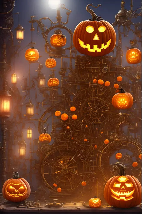 A Clockwork Pumpkin Lantern、Steampunk lab with complex machinery、The background is a night city where there are no people