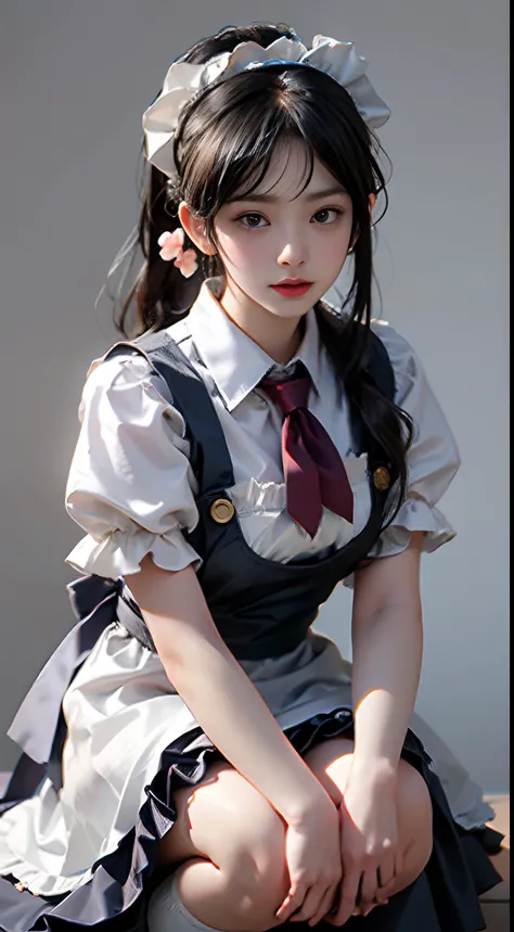 Top quality, Masterpiece, 超高分辨率, (Photorealistic: 1.4), RAW photo, 1 girl, English maid, Ruffled maid headband, pony tails, Braided hair, Ruffle blouse, Ribbon Ties, aprons, Long skirt, Puff sleeves, White silk ankle socks，frilld, Glowing skin, No gray bac...