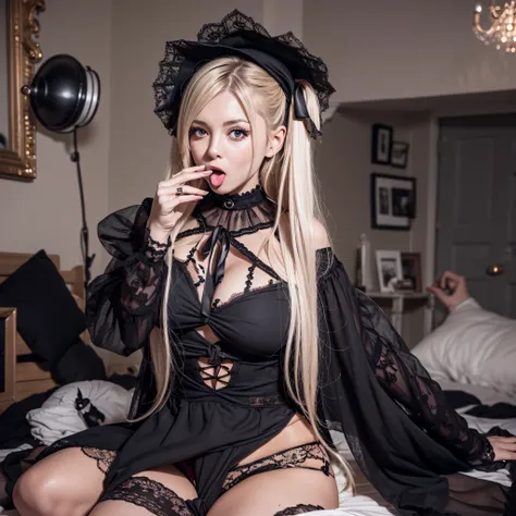 masutepiece, Raw photo，High resolution，Best Quality，High Definition, Perfect composition, Perfect face, Perfect body, 16 K，Cinematic lighting，Russian woman，1 persons，a blond，(two side up)，Messy room，Tongue out，Happy，Gothic lolita，Large breasts，Navel，(claw ...