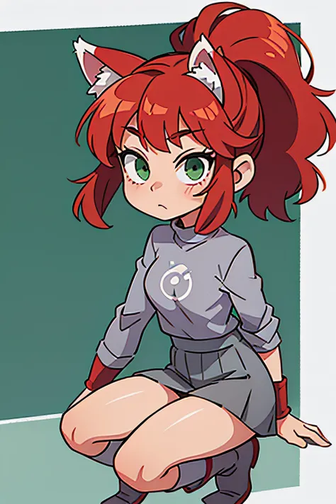 red hair, wolf ears and ponytail, gray top with curly sleeves, gray skirt, white knee socks, gray boots and green eyes;