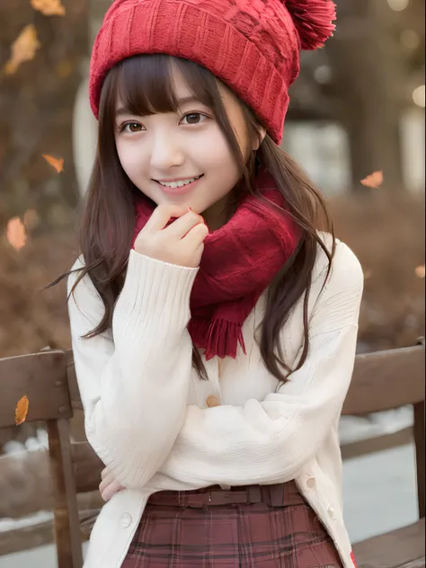 1girl in, (:d:1.0) Colored leaves, bangss, Black hat, blurry backround, red blush, brown-eyed, brown haired, Brown scarf, Brown skirt, cardigan, coffee, cowboy  shot, cups, Disposable cups, drink, leaves falling, Beanie, cuddling, drink, fronds, length hai...