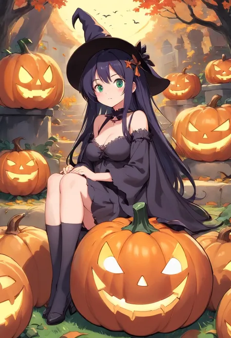 bien en ccheveux,1fille,sitting on 1Strange pumpkin,full body view,Fond de citrouilles effrayantes,Dressed as a witch,Big witchs hat,cuisse_Hauts,Mini_jupe,grand_Hanches,odd,Ghosts, Halloween, gigantesque_poitrine,cleavage cutout,rougissant,Ahegao_visage,c...