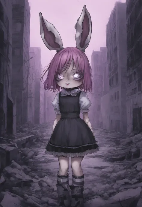 bunny girl, rose hair, pink hare ears and tail, purple dress with a short skirt, black knee socks with white stripes, lilac iris in the eyes, White Boots, Against the backdrop of an abandoned city