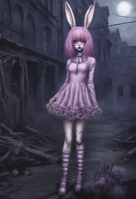 bunny girl, rose hair, pink hare ears and tail, purple dress with a short skirt, black knee socks with white stripes, lilac iris in the eyes, White Boots, Against the backdrop of an abandoned city