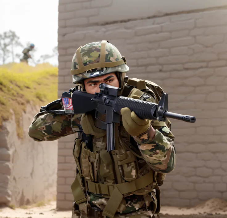 arafed soldier with a gun in his hand and a helmet on, a soldier aiming a gun, airsoft cqb, airsoft gun, shoulder mounted gun, man is carrying a rifle, wielding assault rifle, holding rifle, top shot, airsoft electric pistol, handling riffle on chest, mili...