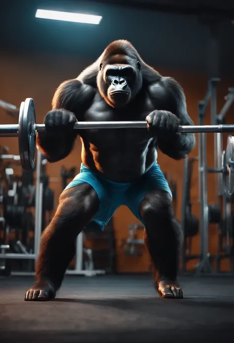 A muscular gorilla in 3d art dressed in shorts a weight room from the back doing a squat with a loaded bar