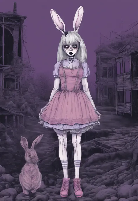 bunny girl, rose hair, pink hare ears and tail, purple dress with a short skirt, black knee socks with white stripes, lilac iris in the eyes, White Boots, Against the backdrop of a dead amusement park