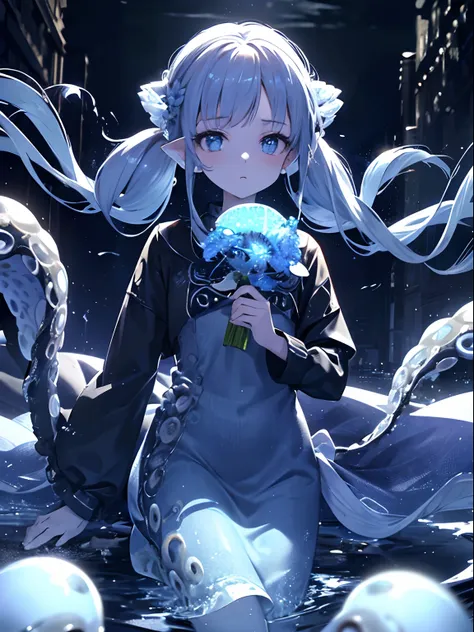 (Masterpiece, Best quality, ultra high resolution),1girl,beautiful and detailed face, detailed eyes,(squid girl, tentacles), jirai kei outfit,in the beach,night,((grey and blue theme)),twintails