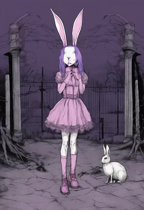 bunny girl, rose hair, pink hare ears and tail, purple dress with a short skirt, black knee socks with white stripes, lilac iris in the eyes, White boots, Against the backdrop of a dead amusement park, blood on the clothes, dead Tula rabbits on the ground,...