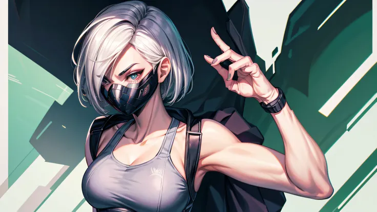 Spidergwen wearing teacher outfit and gasmask , white sports bra , boasting pose , no hoodie , white hair , white eyes ,  masterpiece , void background