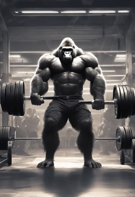 A gorilla bodybuilder in 3d art dressed in shorts a weight room from the back doing a squat with a loaded bar