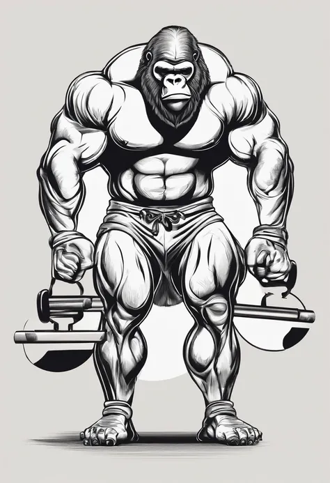 A gorilla bodybuilder in 3d art dressed in shorts a weight room from the back doing a squat with a loaded bar