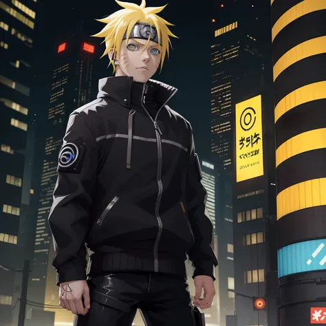 cyber punk, city, 1boy, yellow hair, blue eyes, cyborg, Uzumaki Naruto