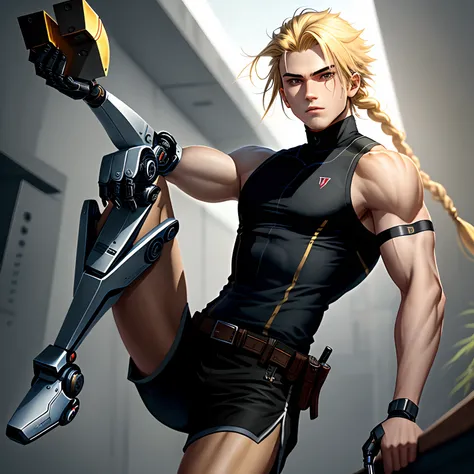 An assassin boy，The right leg is a prosthesis，The left arm is a robotic arm，Golden hair，Dark  skin，The hairstyle has a thin braid at the right end，Wear a sleeveless turtleneck vest with a tight black fit，Knife in hand，