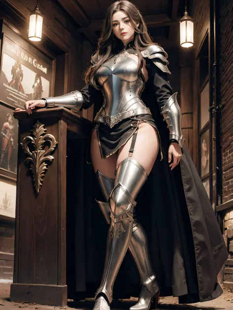 tmasterpiece，High-definition CG diagram，beautiful female warrior，Detailed eyes and face，Tall figure，All-armor clothing，Extra-long leather boots，Over-the-knee leather boots，Inner over-the-knee stockings，Brilliant armor colors，Exquisite decoration，General te...