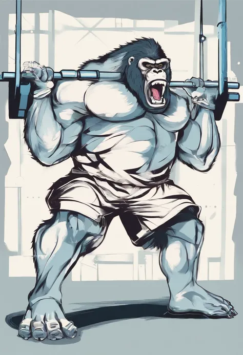 An athletic gorilla dressed in shorts a back weight room doing a squat with a loaded bar