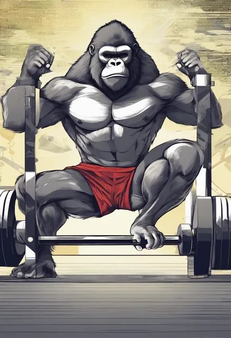 An athletic gorilla dressed in shorts a back weight room doing a squat with a loaded bar