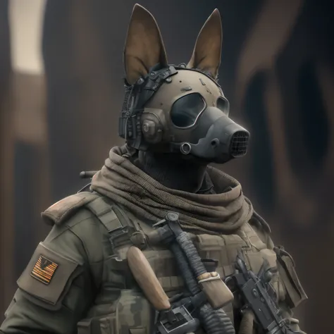 mantendo a cara de um xoloitzcuintle, high quality special forces suit, ((fuzil de alto detalhe com escopos)), fundos de guerra ...