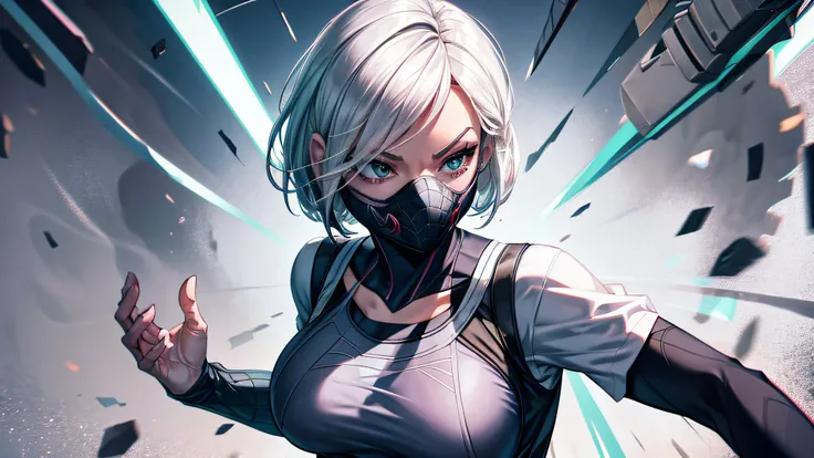 Spidergwen wearing teacher outfit and gasmask , white sports bra , Running pose , no hoodie , white hair , white eyes ,  masterpiece , void background