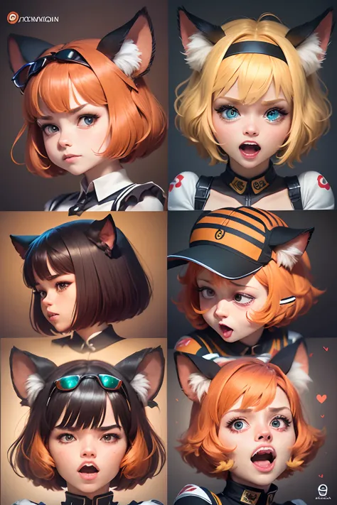 rcute girls，red-haired, emoji pack，cat ear，short hair，orange hair，（9 emojis，Emoji sheet，Align arrangement)，9 poses and expressions（Grief，amazement，Have fun，excitement，big laughs，doubt，angry ，Touch the head，Sell moe, wait），anthropomorphic style，Disney style...